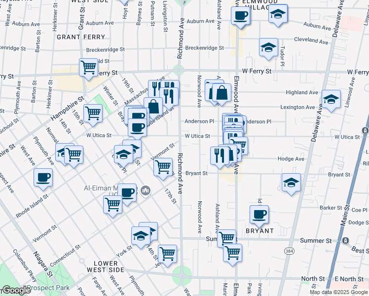 map of restaurants, bars, coffee shops, grocery stores, and more near 295 Richmond Avenue in Buffalo