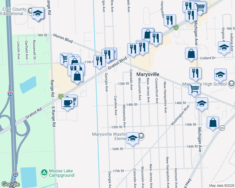 map of restaurants, bars, coffee shops, grocery stores, and more near 1337 Carolina Avenue in Marysville