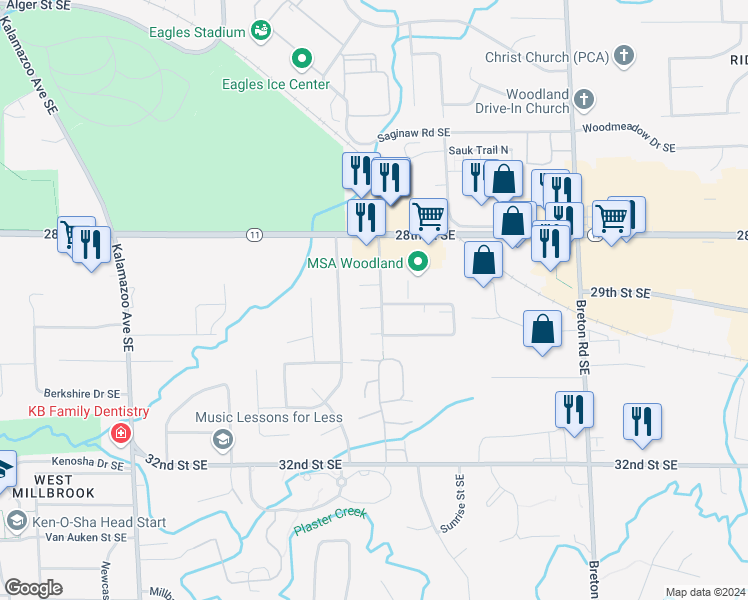 map of restaurants, bars, coffee shops, grocery stores, and more near 2907 Englewood Avenue Southeast in Grand Rapids