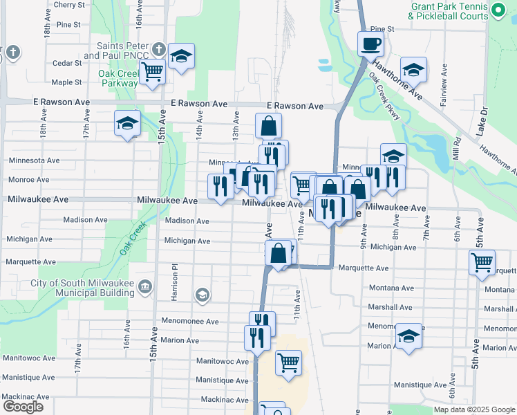 map of restaurants, bars, coffee shops, grocery stores, and more near 1209 Milwaukee Avenue in South Milwaukee