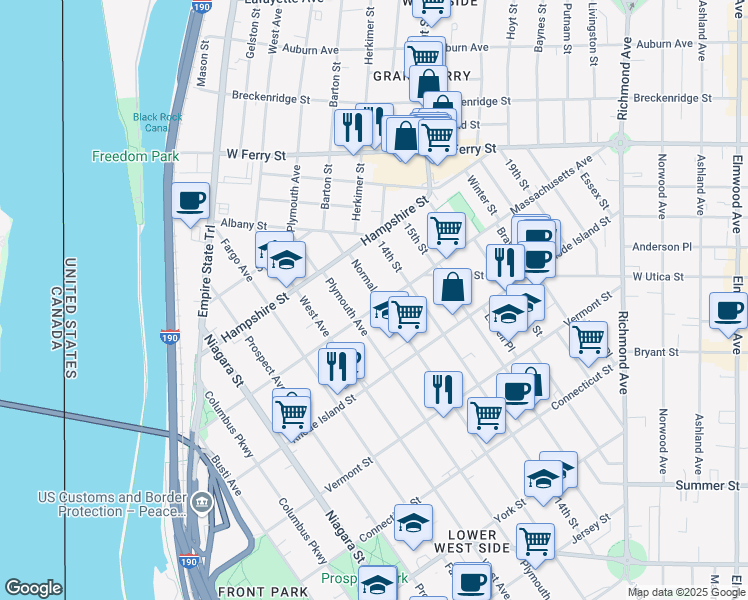 map of restaurants, bars, coffee shops, grocery stores, and more near 236 Massachusetts Avenue in Buffalo