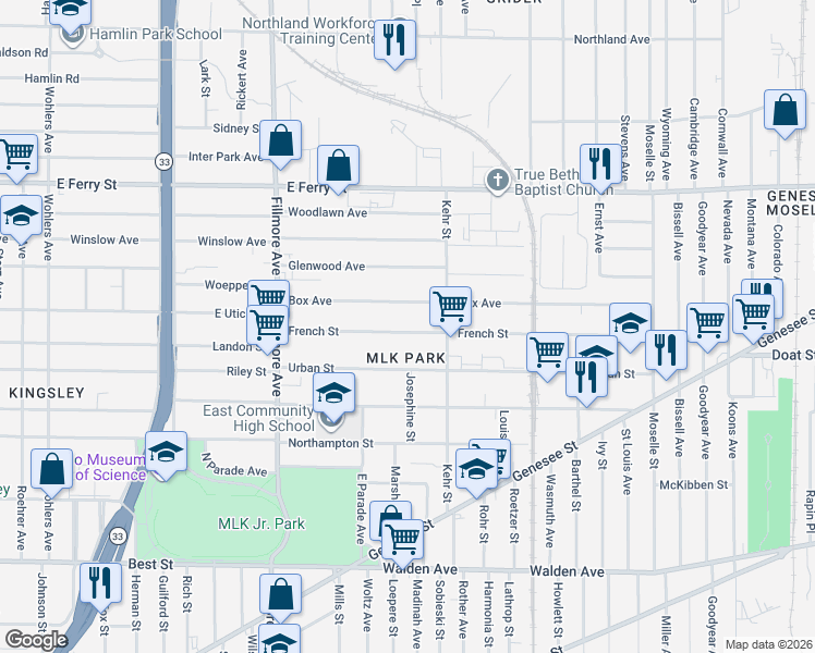 map of restaurants, bars, coffee shops, grocery stores, and more near 134 French Street in Buffalo