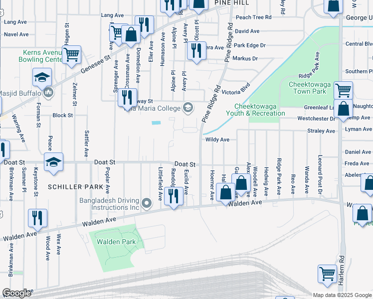 map of restaurants, bars, coffee shops, grocery stores, and more near 590 Doat Street in Buffalo