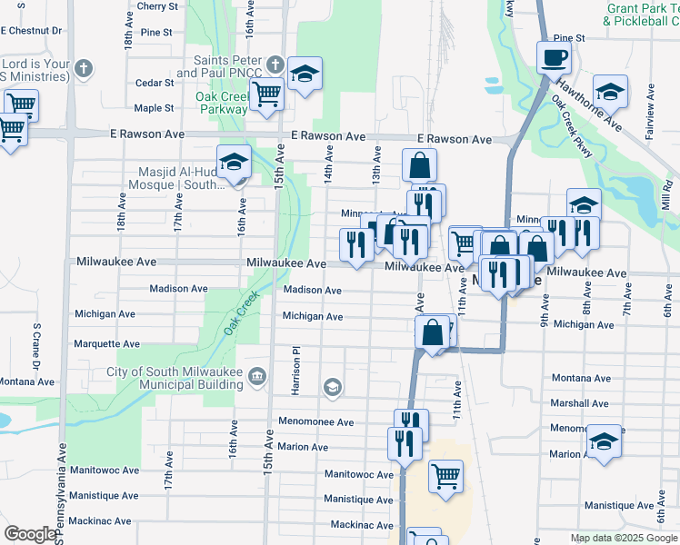 map of restaurants, bars, coffee shops, grocery stores, and more near 1325 Milwaukee Avenue in South Milwaukee