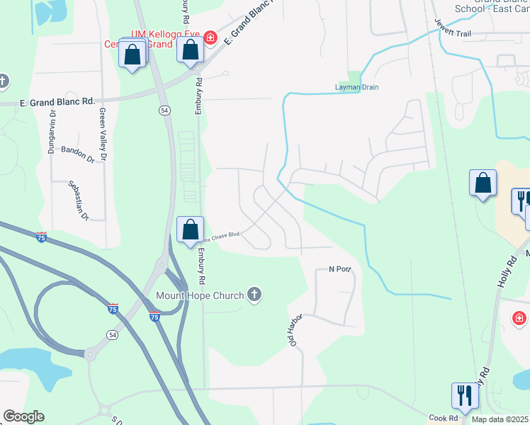 map of restaurants, bars, coffee shops, grocery stores, and more near 252 Fox Chase Boulevard in Grand Blanc