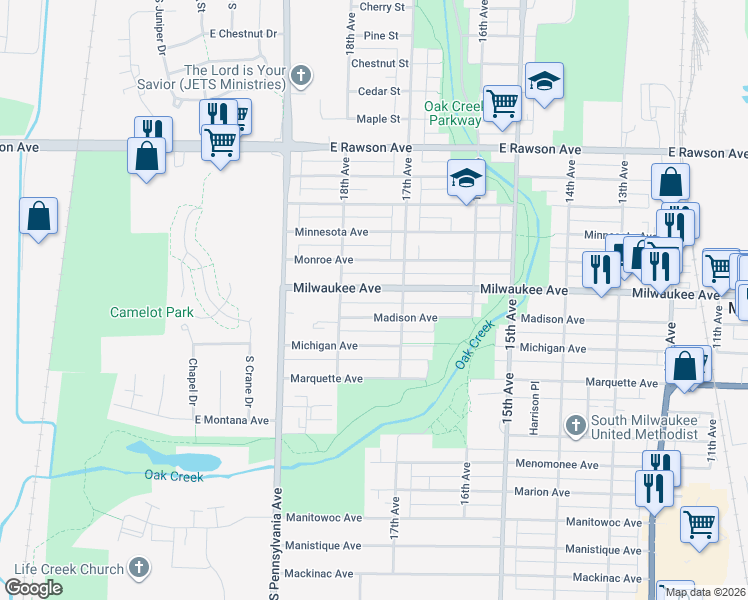 map of restaurants, bars, coffee shops, grocery stores, and more near 1719 Milwaukee Avenue in South Milwaukee