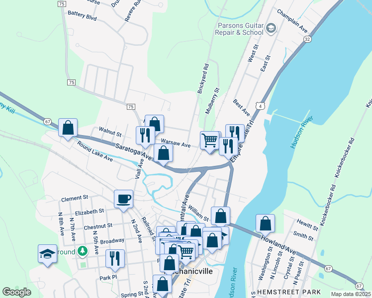 map of restaurants, bars, coffee shops, grocery stores, and more near 17 Warsaw Avenue in Mechanicville