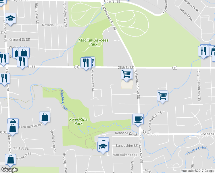 map of restaurants, bars, coffee shops, grocery stores, and more near 2915 Giddings Avenue Southeast in Grand Rapids