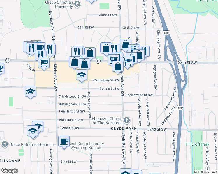 map of restaurants, bars, coffee shops, grocery stores, and more near 851 Colrain Street Southwest in Wyoming
