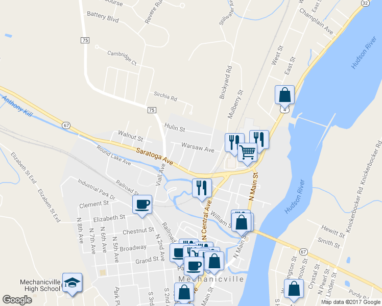 map of restaurants, bars, coffee shops, grocery stores, and more near 37 Leonard Street in Mechanicville