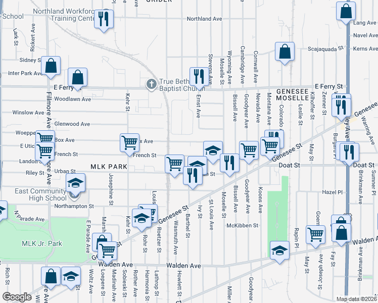 map of restaurants, bars, coffee shops, grocery stores, and more near 334 French Street in Buffalo
