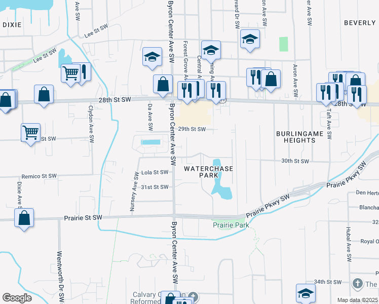 map of restaurants, bars, coffee shops, grocery stores, and more near 2365 30th Street Southwest in Wyoming