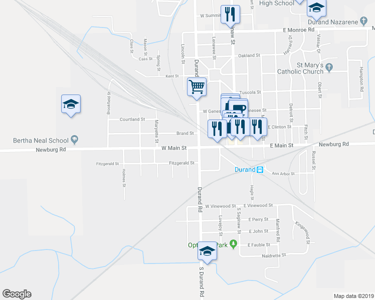 map of restaurants, bars, coffee shops, grocery stores, and more near 407 West Main Street in Durand