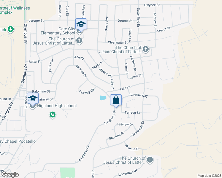 map of restaurants, bars, coffee shops, grocery stores, and more near 2680 Lois Lane in Pocatello