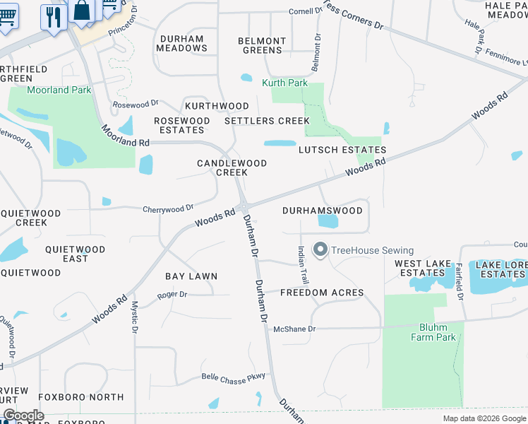 map of restaurants, bars, coffee shops, grocery stores, and more near S73W14573 Woods Road in Muskego