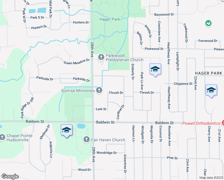 map of restaurants, bars, coffee shops, grocery stores, and more near 2687 Thrush Drive in Georgetown Township