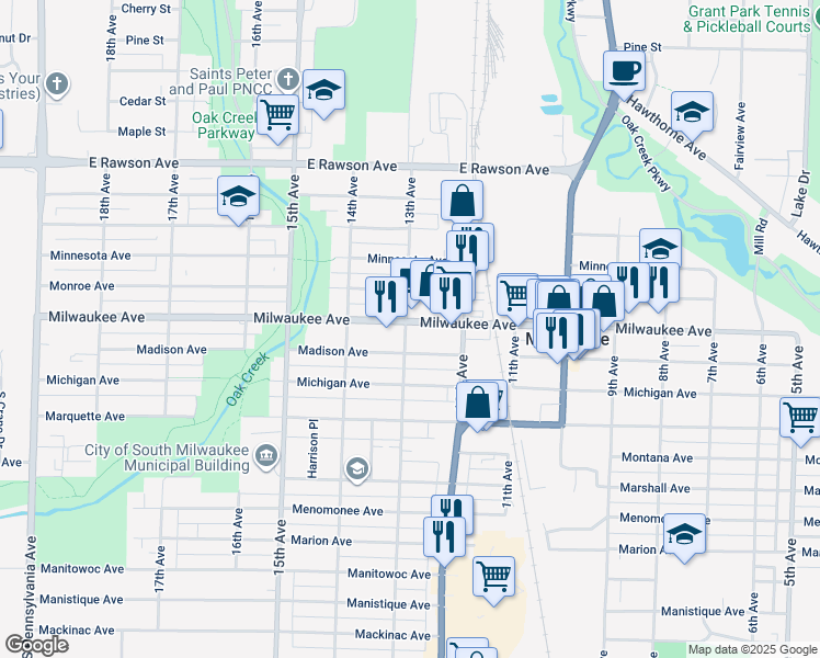 map of restaurants, bars, coffee shops, grocery stores, and more near 1301 Milwaukee Avenue in South Milwaukee
