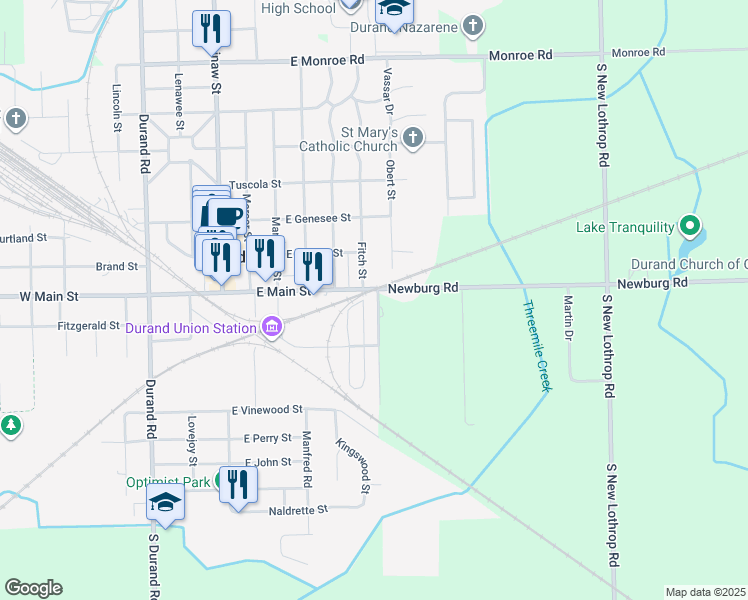 map of restaurants, bars, coffee shops, grocery stores, and more near 109 Russel Street in Durand
