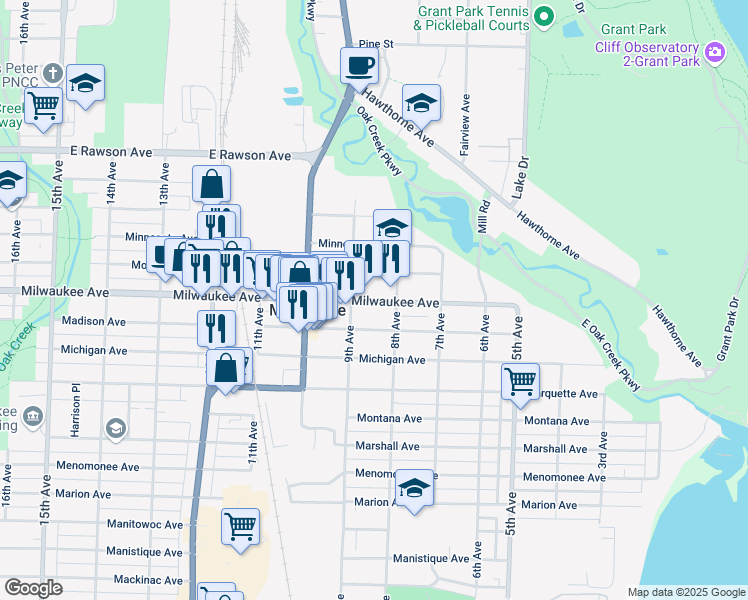 map of restaurants, bars, coffee shops, grocery stores, and more near 817 Milwaukee Avenue in South Milwaukee