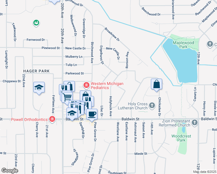 map of restaurants, bars, coffee shops, grocery stores, and more near 7795 Hollyhock Avenue in Georgetown Township
