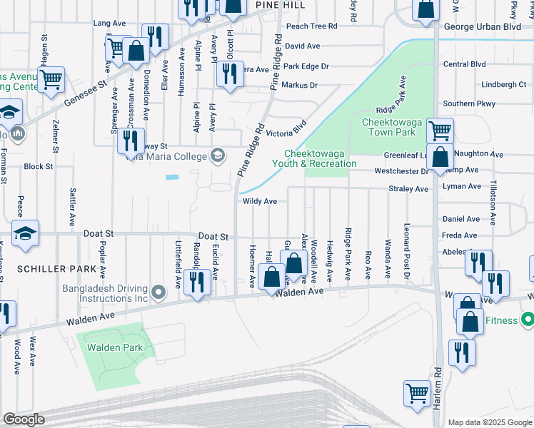 map of restaurants, bars, coffee shops, grocery stores, and more near 122 Haller Avenue in Buffalo