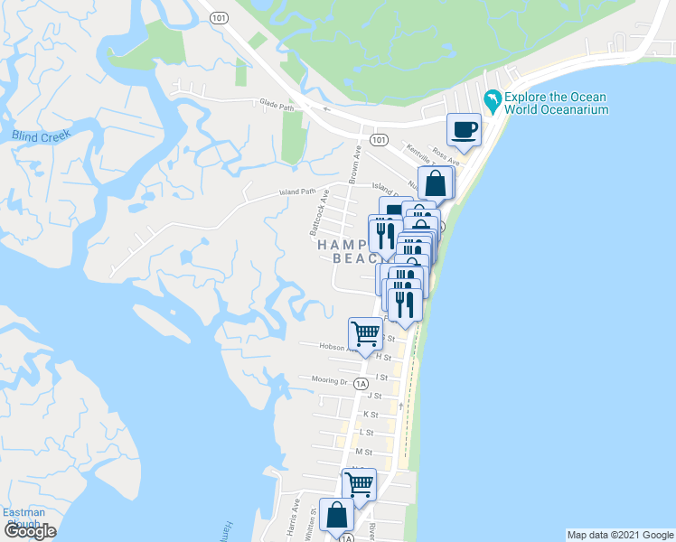 map of restaurants, bars, coffee shops, grocery stores, and more near 83 Brown Avenue in Hampton