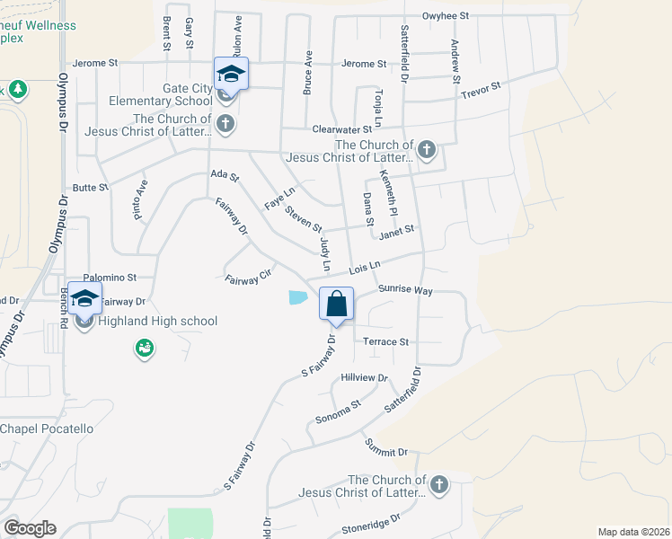 map of restaurants, bars, coffee shops, grocery stores, and more near 2680 Lois Lane in Pocatello