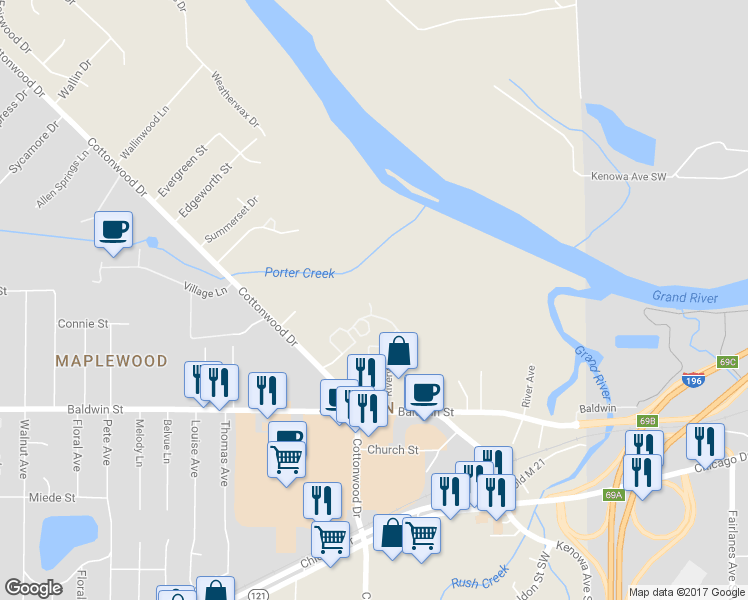 map of restaurants, bars, coffee shops, grocery stores, and more near 7675 Riverview Drive in Georgetown Township