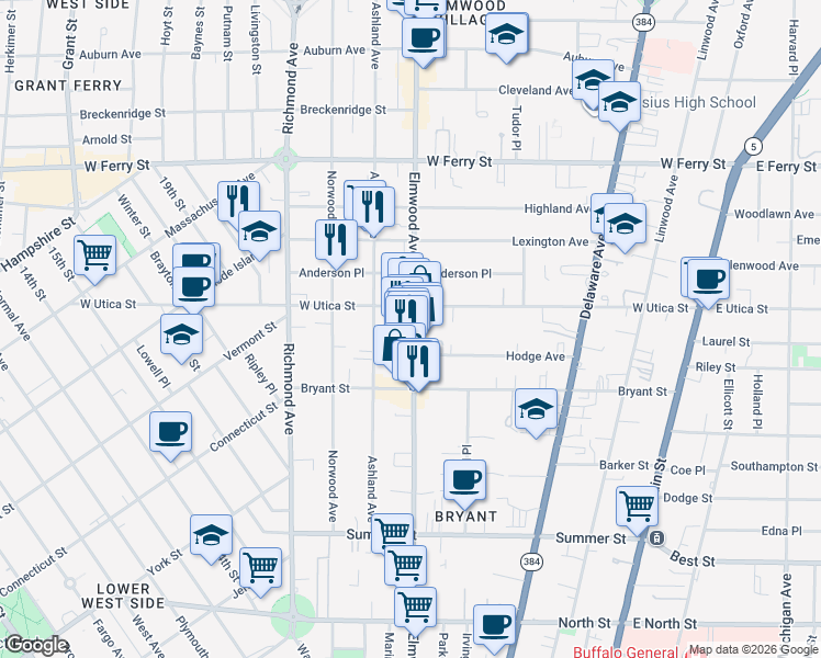 map of restaurants, bars, coffee shops, grocery stores, and more near 494 Elmwood Avenue in Buffalo