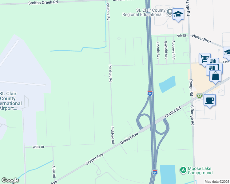 map of restaurants, bars, coffee shops, grocery stores, and more near 192 Pickford Road in Smiths Creek