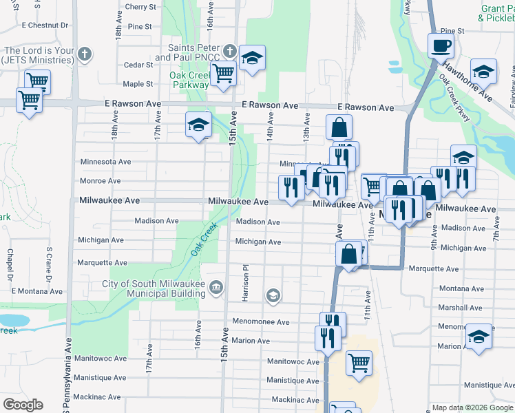 map of restaurants, bars, coffee shops, grocery stores, and more near 1405 Milwaukee Avenue in South Milwaukee
