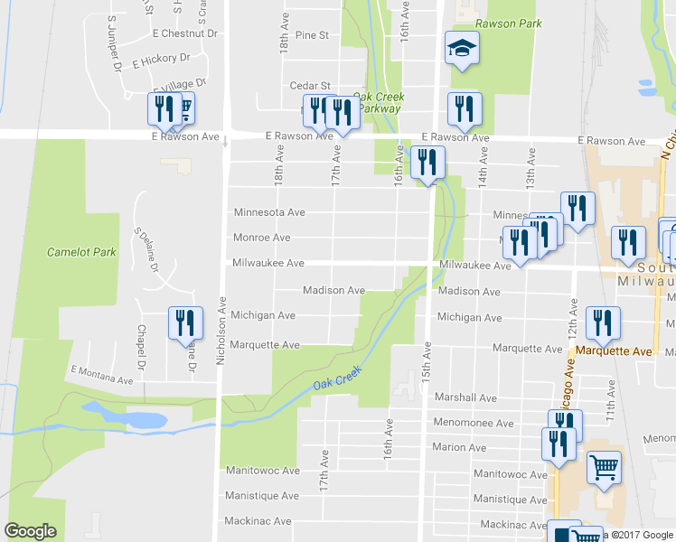 map of restaurants, bars, coffee shops, grocery stores, and more near 1645 Milwaukee Avenue in South Milwaukee