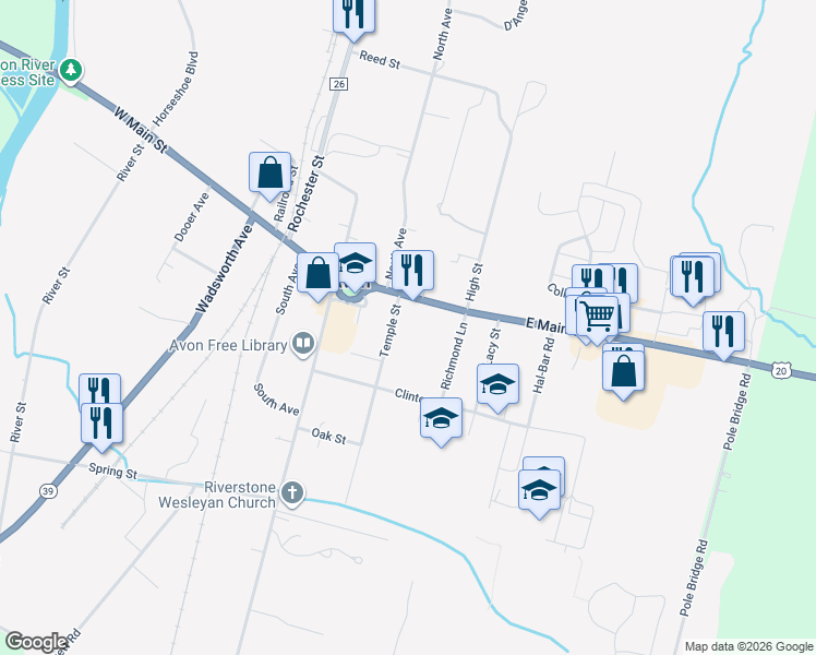 map of restaurants, bars, coffee shops, grocery stores, and more near 55 East Main Street in Avon