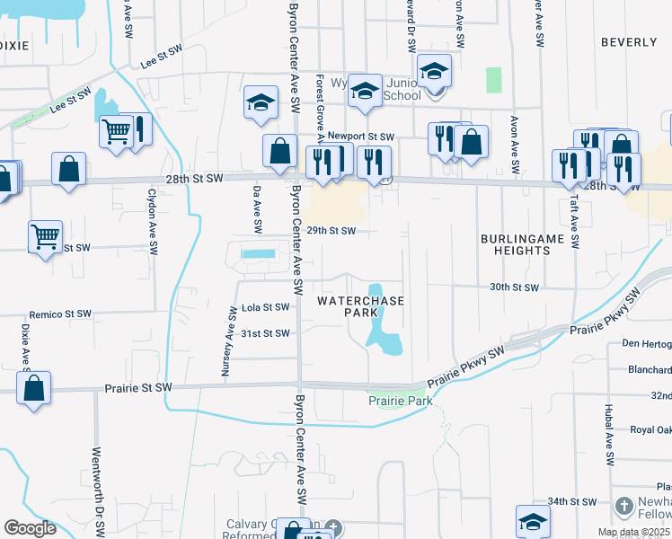 map of restaurants, bars, coffee shops, grocery stores, and more near 2323 30th Street Southwest in Wyoming