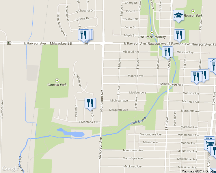 map of restaurants, bars, coffee shops, grocery stores, and more near 1823 Milwaukee Avenue in South Milwaukee