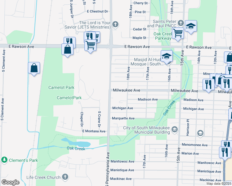 map of restaurants, bars, coffee shops, grocery stores, and more near 1823 Milwaukee Avenue in South Milwaukee