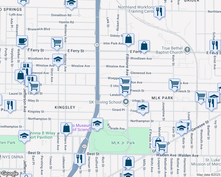 map of restaurants, bars, coffee shops, grocery stores, and more near 649 East Utica Street in Buffalo