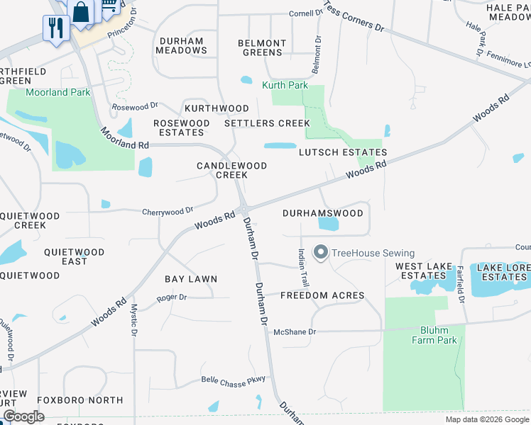 map of restaurants, bars, coffee shops, grocery stores, and more near S73W14573 Woods Road in Muskego