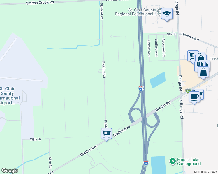 map of restaurants, bars, coffee shops, grocery stores, and more near 192 Pickford Road in Smiths Creek