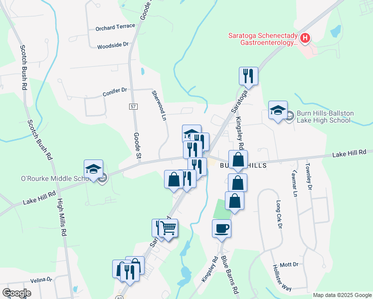 map of restaurants, bars, coffee shops, grocery stores, and more near 134 Lake Hill Road in Ballston