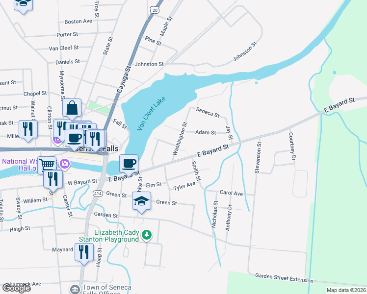 map of restaurants, bars, coffee shops, grocery stores, and more near 6 Washington Street in Seneca Falls