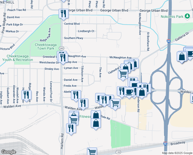 map of restaurants, bars, coffee shops, grocery stores, and more near 125 Freda Avenue in Cheektowaga