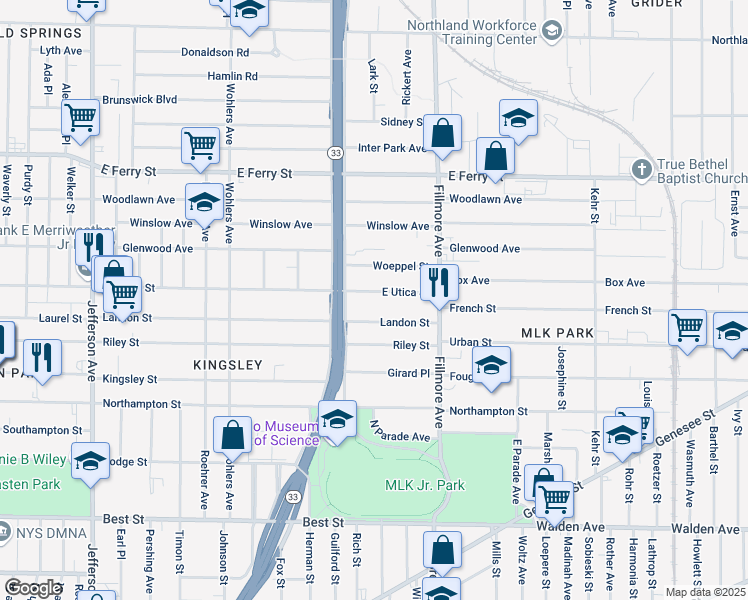 map of restaurants, bars, coffee shops, grocery stores, and more near 649 East Utica Street in Buffalo
