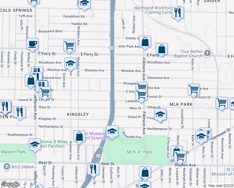 map of restaurants, bars, coffee shops, grocery stores, and more near 904 Humboldt Parkway in Buffalo