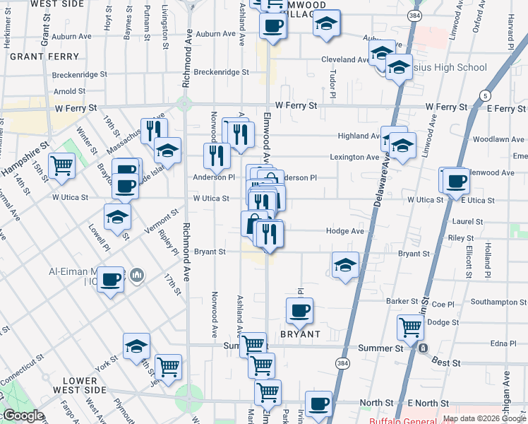 map of restaurants, bars, coffee shops, grocery stores, and more near 494 Elmwood Avenue in Buffalo