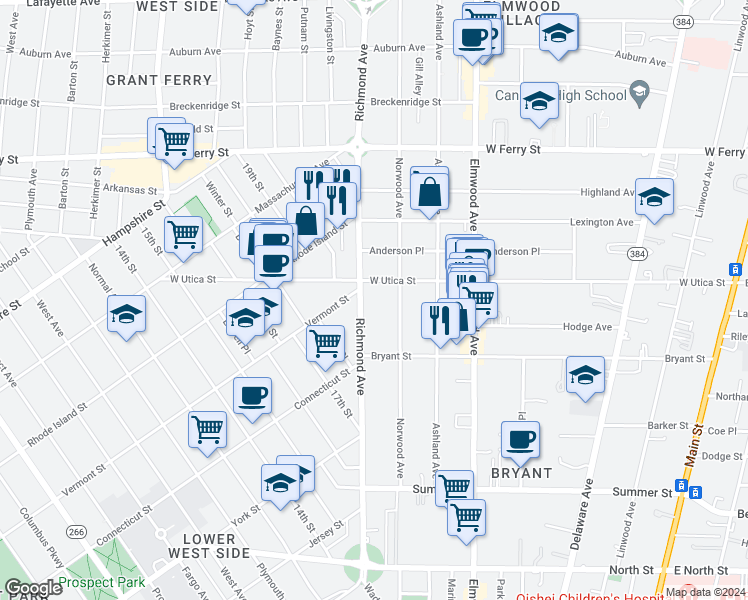map of restaurants, bars, coffee shops, grocery stores, and more near 295 Richmond Avenue in Buffalo