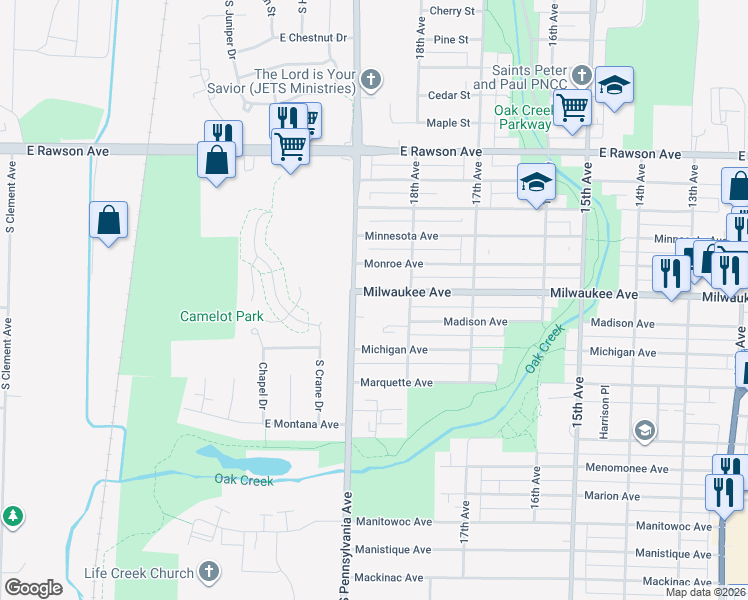 map of restaurants, bars, coffee shops, grocery stores, and more near 1823 Milwaukee Avenue in South Milwaukee