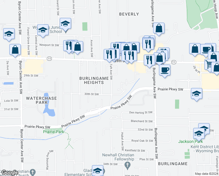 map of restaurants, bars, coffee shops, grocery stores, and more near 2961 Taft Avenue Southwest in Wyoming