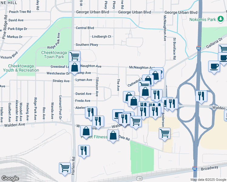 map of restaurants, bars, coffee shops, grocery stores, and more near 125 Freda Avenue in Cheektowaga
