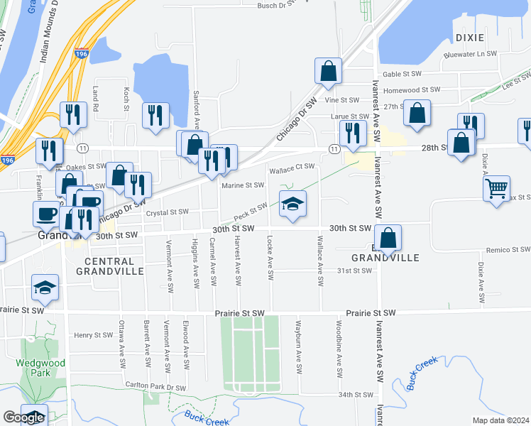 map of restaurants, bars, coffee shops, grocery stores, and more near 2959 Locke Avenue Southwest in Grandville